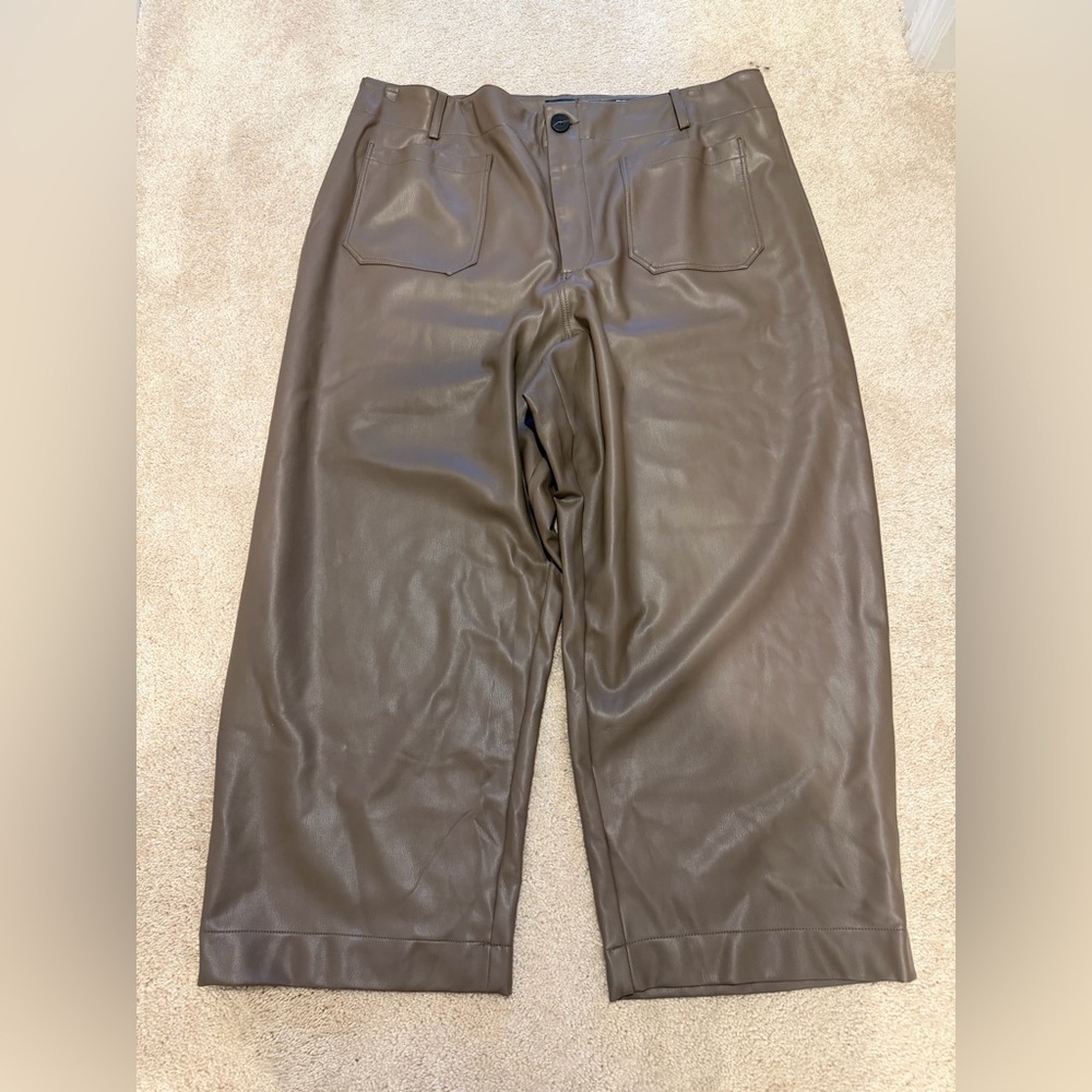 Maeve Anthropologie Colette Faux Leather Wide leg crop pants in taupe/brown 24W